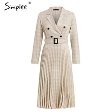 Simplee Vintage pleated belt plaid dress women Elegant office ladies blazer dresses Long sleeve female autumn midi party dress - Lafix