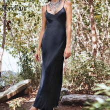 Forefair Sexy Maxi Satin Dress Summer Women Slit V Neck High Waist Off Shoulder Black Red Slip Silk Long Dress Party Club - Lafix