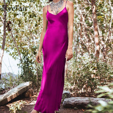 Forefair Sexy Maxi Satin Dress Summer Women Slit V Neck High Waist Off Shoulder Black Red Slip Silk Long Dress Party Club - Lafix