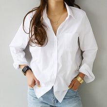 2019 Spring One Pocket Women White Shirt Female Blouse Tops Long Sleeve Casual Turn-down Collar OL Style Women Loose Blouses - Lafix