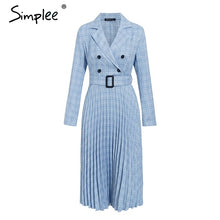 Simplee Vintage pleated belt plaid dress women Elegant office ladies blazer dresses Long sleeve female autumn midi party dress - Lafix