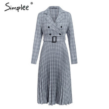 Simplee Vintage pleated belt plaid dress women Elegant office ladies blazer dresses Long sleeve female autumn midi party dress - Lafix