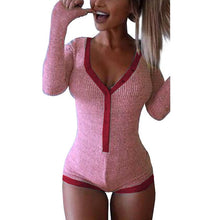 Bodysuit Women 2019 New Sexy Body Lady V Neck Long Sleeve Bodycon Jumpsuit Buttons Casual Pink Patchwork Knit Cotton Bodysuits - Lafix