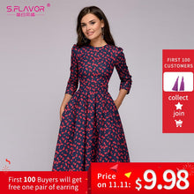S.FLAVOR Women Elegant A-line Dress 2019 Vintage printing party vestidos Three Quarter Sleeve women Slim Autumn Winter Dress - Lafix