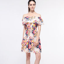 Women Floral Printing Dress Slash Neck Strapless Off Shoulder Dress Vestidos Chiffon Plus size Elegant womens Ladies Mini Dress - Lafix