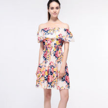 Women Floral Printing Dress Slash Neck Strapless Off Shoulder Dress Vestidos Chiffon Plus size Elegant womens Ladies Mini Dress - Lafix