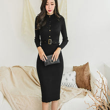 Elegant Single Breasted Women Sweater Dress O-neck Full Sleeve Sashes Stretch Vestidos Female Knee-length Knitted Dress 2019 - Lafix