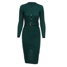 Elegant Single Breasted Women Sweater Dress O-neck Full Sleeve Sashes Stretch Vestidos Female Knee-length Knitted Dress 2019 - Lafix