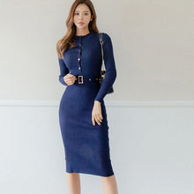 Elegant Single Breasted Women Sweater Dress O-neck Full Sleeve Sashes Stretch Vestidos Female Knee-length Knitted Dress 2019 - Lafix