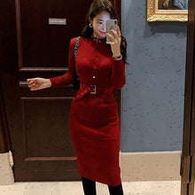 Elegant Single Breasted Women Sweater Dress O-neck Full Sleeve Sashes Stretch Vestidos Female Knee-length Knitted Dress 2019 - Lafix