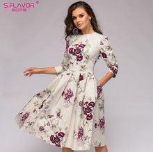 S.FLAVOR Women Elegant A-line Dress 2019 Vintage printing party vestidos Three Quarter Sleeve women Slim Autumn Winter Dress - Lafix