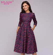 S.FLAVOR Women Elegant A-line Dress 2019 Vintage printing party vestidos Three Quarter Sleeve women Slim Autumn Winter Dress - Lafix