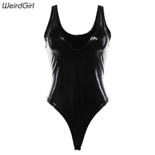 Weirdgirl Women pu leather Bodysuits Sexy Party Black v-neck Skinny Sleeveless Spring Highstreet Spaghetti Strap Rompers New - Lafix