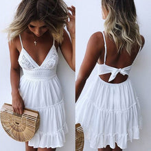Summer Women Lace Dress Sexy Backless V-neck Beach Dresses 2019 Fashion Sleeveless Spaghetti Strap White Casual Mini Sundress - Lafix