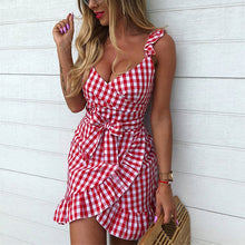 Summer 2019 New Women Red Mini Dress Sleeveless Beach Dress Casual Plaid Streetwear Ladies Vintage Ruffles Short Dresses Vestido - Lafix